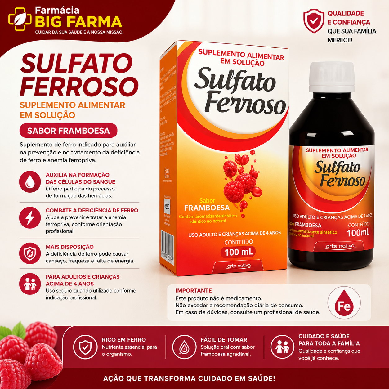 Sulfato Ferroso sabor framboesa – 100 mL
