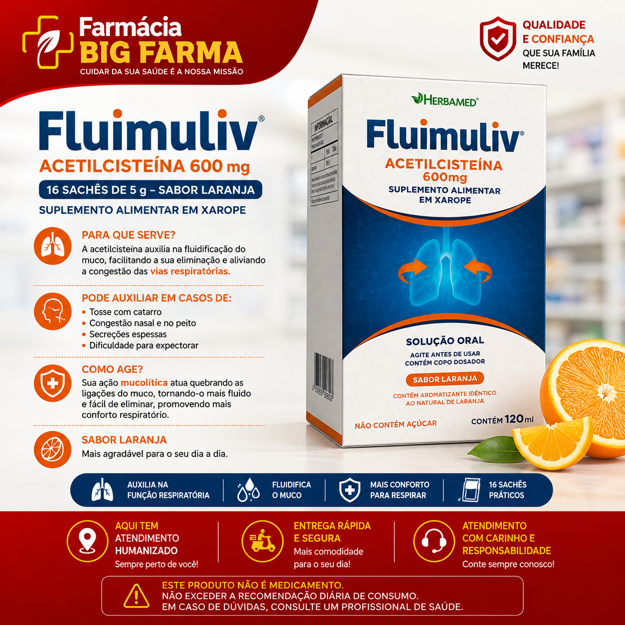 Fluimuliv 600 mg – 16 sachês de 5 g – Sabor Laranja – Herbamed — Seção 50